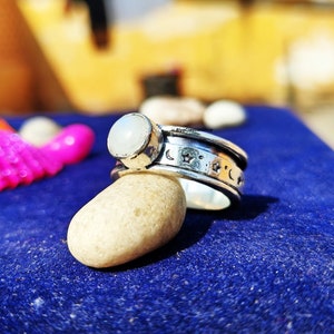 Moonstone Spinner Ring: Sterling Silver Hammered Wide Band, Fidget Ring