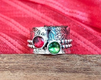 925 Silver Spinner Ring, Garnet & Peridot Spinner Ring, Garnet Ring, Flower Ring, Gift For Her Thumb Ring, Handmade Meditation Ring, boho **