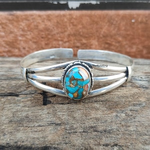 Oyster Copper Turquoise Sterling Silver Bangle: Adjustable Handmade Jewelry