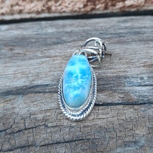Handmade Oval Larimar Pendant: 925 Sterling Silver, Blue Gemstone