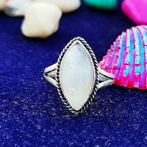 Marquise Moonstone Ring, Split Band 925 Sterling Silver Ring, Marquise Ring, Rainbow Moonstone Fire Ring, Mothers Gift, Gift for Her.