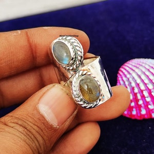 Natural Labradorite Ring, 925 Sterling Silver Adjustable Handmade Ring, Two Gemstone Ring, Designer Ring, Statement Ring, Gift For Her.