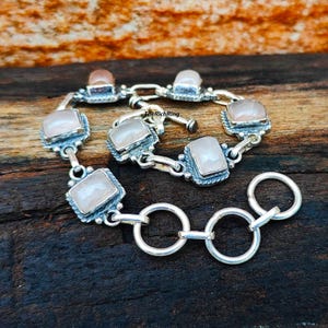 Square Shaped Rose Quartz Bracelets, Solid 925 Sterling Silver Bracelets, Rose Quartz Bracelets, Handmade Bracelets, Adjustable Bracelets.