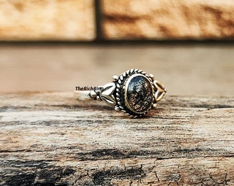 Black Rutile Quartz Ring: Oval Sterling Silver Band, Handmade Jewelry