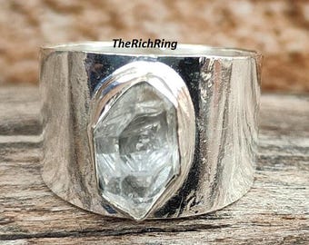Herkimer Diamond Ring: Raw Gemstone, 925 Sterling Silver Band