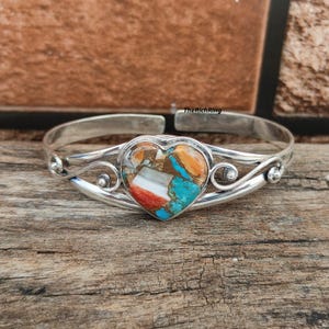 Handmade Oyster Copper Turquoise Silver Bangle: Heart Gemstone
