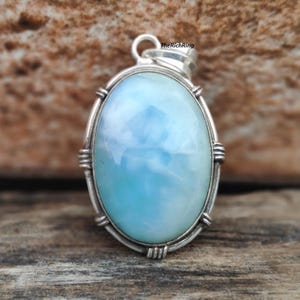 Oval Larimar Pendant: Handmade Sterling Silver Designer Gemstone