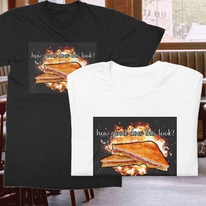 Può includere: Due t-shirt con una grafica di un panino al formaggio grigliato in fiamme. Il testo sulle t-shirt recita "How good does this look?"