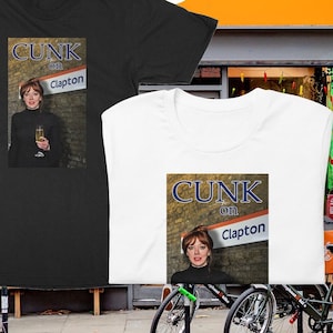 May include: Two black and white t-shirts with a graphic print of a woman with the text "CUNK on Clapton".