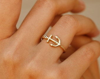 14K Solid Gold Sideways Anchor Ring - Real Gold Gemstone Ring - Dainty Stackable Ring - Thin Band Ring - Minimalist Ring - Gift for Her