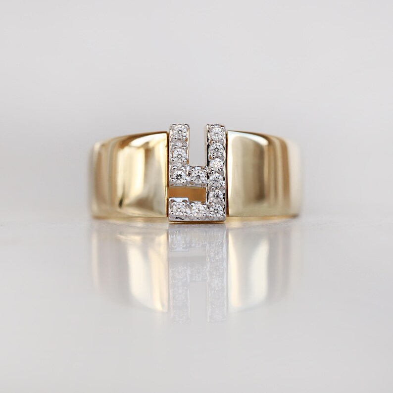 14K Real Gold Zircon Initial Ring - Personalized H Letter Ring - Solid Gold Initial Ring - Statement Rings for Women - Anniversary Gifts image 15