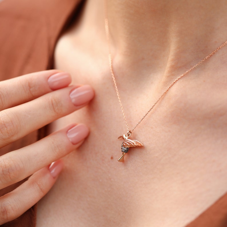 14K Solid Gold Hummingbird Necklace, Elegant and Simple Designs for Everyday Wear, Uniq Designs, Mystical and Elegant Look, Gift for Her image 6