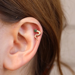 14K Solid Gold Snake Baguette Piercing,Minimalist Tragus Piercing, Gold Stud Piercing, Stud Ear Piercing, Cartilage Piercing, Helix Piercing
