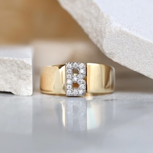 14K Solid Gold Initial Letter Ring - Zircon B Letter Ring - Solid Gold Personalized Ring for Women - 14K Gold Jewelry - Anniversary Gift