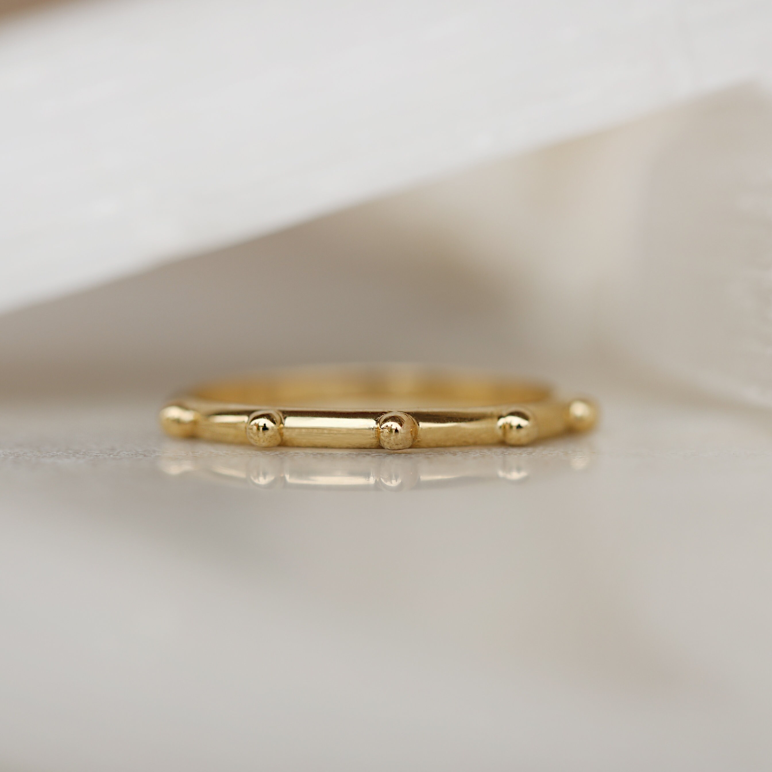 14K Solid Gold Beaded Ball Ring - 14K Real Gold Ring for Women - Dainty ...