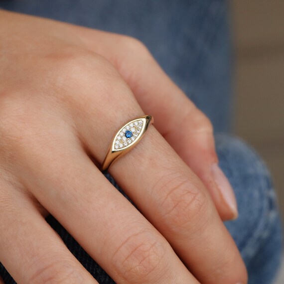 14K Real Gold Zircon Evil Eye Ring - Real Gold Signet Ring - Minimalist Ring for Women - Stackable Ring - Protection Jewelry - Gift for Her