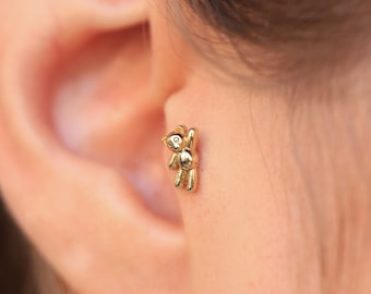 14K Solid Gold Tiny Teddy Bear Piercing - Flat Back Teddy Bear Earrings - Real Gold Cartilage Stud Earring - Helix Piercing - Gift for Her