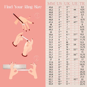 May include: A chart showing ring sizes in millimeters, US, UK, EU, and Turkish sizes. The chart is on a pink background with illustrations of hands measuring ring sizes.