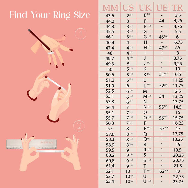 May include: A chart showing ring sizes in millimeters, US, UK, EU, and Turkish sizes. The chart is on a pink background with illustrations of hands measuring ring sizes.