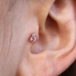 14K Solid Gold Double Solitaire Piercing, Minimalist Tragus Piercing, Gold Stud Piercing, Ear Piercing, Cartilage Piercing, Helix Piercing
