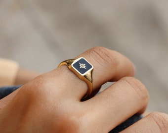 14K Solid Gold North Star Ring - Dainty Signet Ring - Real Gold Tiny Zircon Ring - Celestial Jewelry - Stacking Ring - Gift for Women