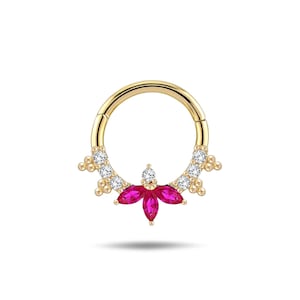 14K Solid Gold Hinge Hoop Piercing - Real Gold Pink Hoop Earring - Cute Pink Zircon  Piercing - Dainty Gold Nose Ring - Mother's Day Gifts