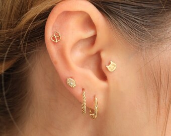 14K Solid Gold Cat Piercing - Tiny Cat Stud Earrings