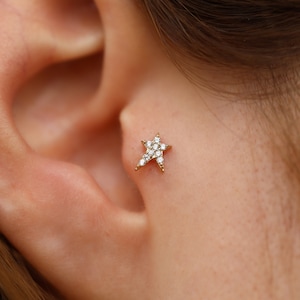 14K massief gouden rocksterpiercing, minimalistische traguspiercing, gouden studpiercing, oorstekers, kraakbeenpiercing, helixpiercing
