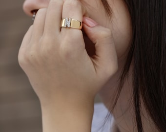 14K Gold Initial Ring, Custom Solid Gold Letter Ring, Pave Letter Ring For Women, Personalized Gift, N Letter Ring, Personalized Gold Ring