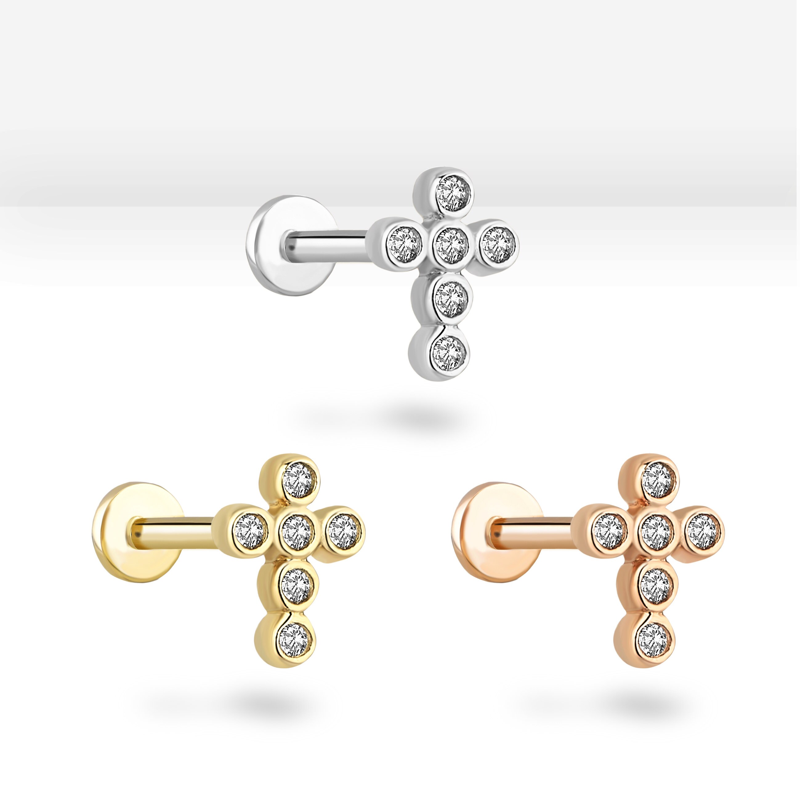 14K Solid Gold Cross Earring With Zircons - Real Gold Cross