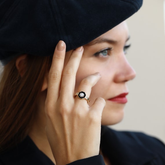 Anillo hexagonal de oro macizo de 14 quilates, anillos apilables