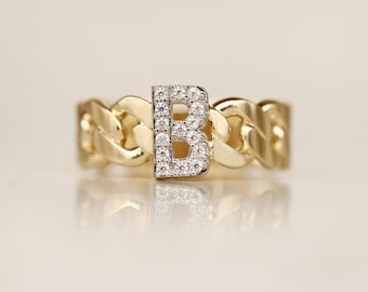 14K Real Gold Personalized Initial Ring - Solid Gold Curb Link Chain Ring - B Letter Ring - Womens Minimalist Ring - Birthday Gift for Her