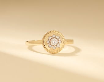 14K Solid Gold Zircon Flower Ring - Real Gold Signet Floral Ring - Dainty Ring - Stackable Ring - Minimalist Ring for Women - Gift for Her