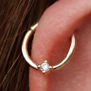 14K Solid Gold Hinge Hoop Earring, Zircon Stone Hoop Earrings, Gold Nose Ring, Nose Hoop Piercing, Daith Earring, Cartilage Hoop