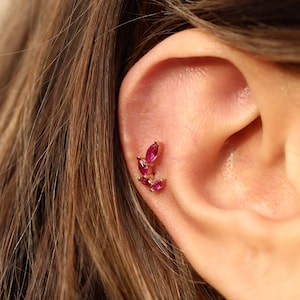 14K Solid Gold Pink Zircon Cluster Piercing - Real Gold Pink Multi-Stone Earring - Dainty Tragus Piercing - Helix Piercing - Gift For Women