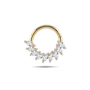 14K Solid Gold Hinged Hoop Earring, Marquize Zircon Stone Hoop Earrings, Gold Nose Ring, Nose Hoop Piercing, Daith Earring, Cartilage Hoop