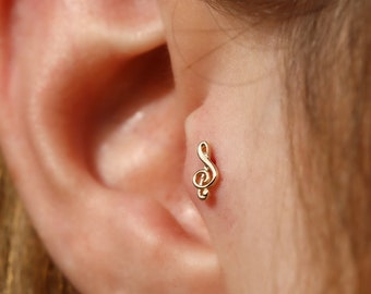 14K Solid Gold Treble Clef Piercing - Real Gold Music Note Earring - Helix Piercing - Tragus Earring - Music Note Jewelry - Gift for Her