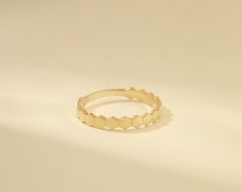 14K Solid Gold Hexagon Band Ring - Real Gold Honeycomb Ring - Dainty Ring for Women - Stacking Ring - Honeycomb Jewelry - Gift for Her
