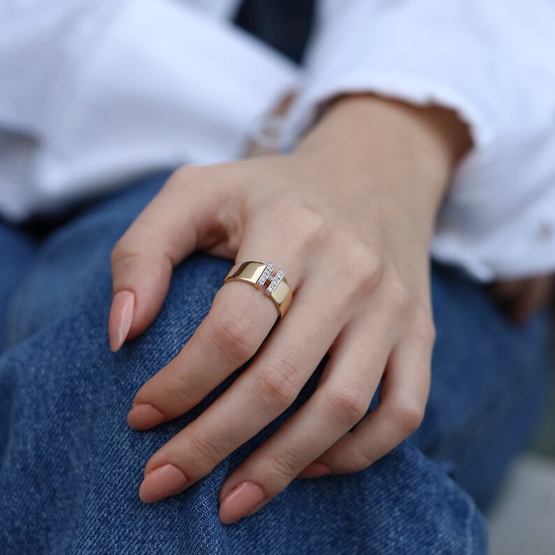 14K Real Gold Zircon Initial Ring - Personalized H Letter Ring - Solid Gold Initial Ring - Statement Rings for Women - Anniversary Gifts image 2