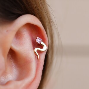 14K Solid Gold Snake Baguette Piercing,Minimalist Tragus Piercing, Gold Stud Piercing, Stud Ear Piercing, Cartilage Piercing, Helix Piercing