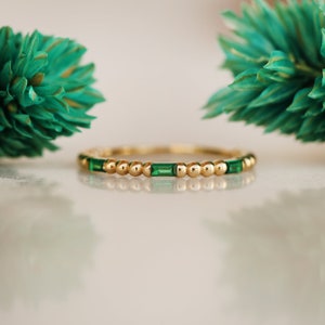 14K Solid Gold Beaded Band Ring - Real Gold Baguette Green Zircon Ring - Minimalist Gold Ring - Dainty Stackable Ring - Gift For Her