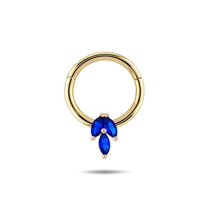 14K Solid Gold Blue Gemstone Hoop Piercing - Real Gold Hinge Hoop Earrings - Blue Zircon Nose Ring - Cartilage Hoop Earrings - Gift For Her