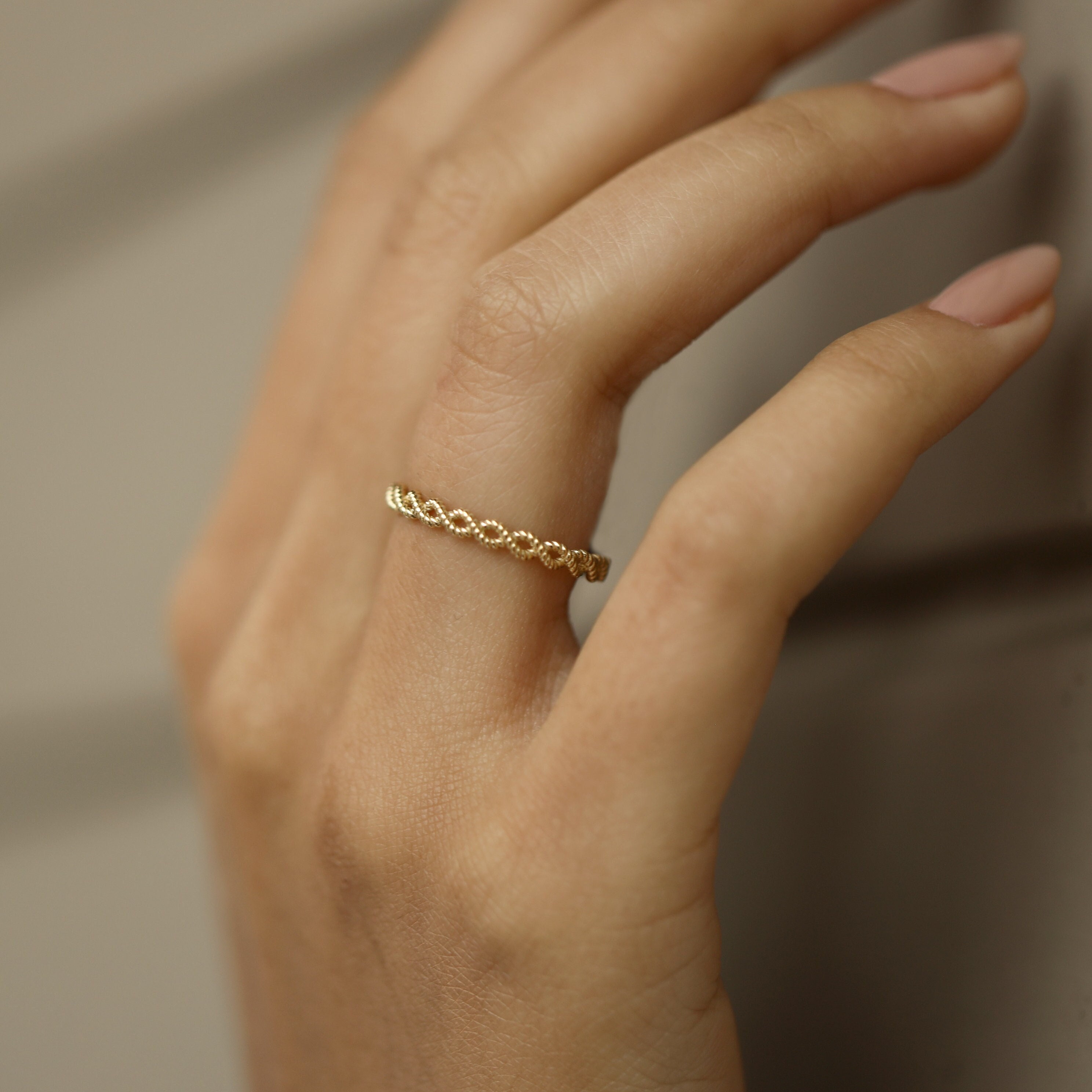 14K Gold Twisted Band Ring - Real Gold Thin Band Ring