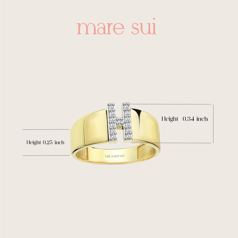 14K Real Gold Zircon Initial Ring - Personalized H Letter Ring - Solid Gold Initial Ring - Statement Rings for Women - Anniversary Gifts image 4