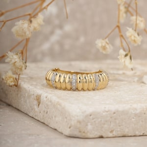 14K Solid Gold Dome Ring - Real Gold Croissant Ring - Zircon Ring for Women - Stacking Ring - Dainty Womens Ring - Anniversary Gift for Her