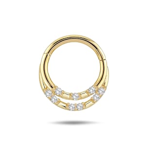 14K Real Gold Hinge Hoop with Zircons - Real Gold Daith Piercing for Women - Minimalist Gold Nose Ring - Cartilage Hoops - Gift for Her