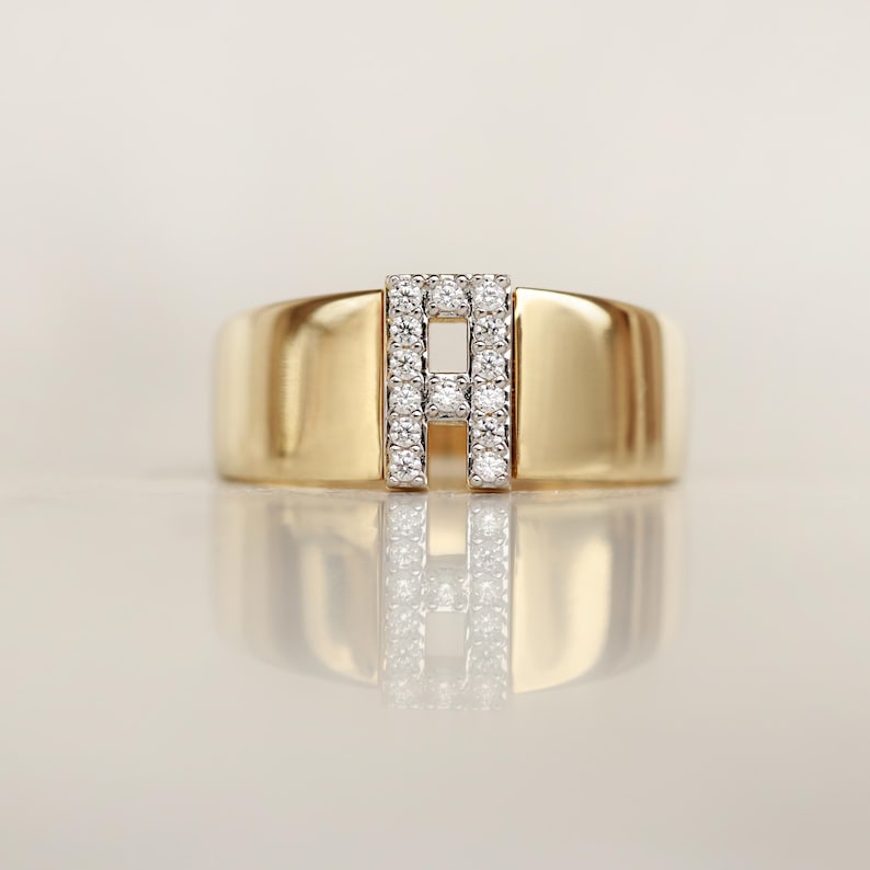 14K Real Gold Zircon Initial Ring - Personalized H Letter Ring - Solid Gold Initial Ring - Statement Rings for Women - Anniversary Gifts image 5