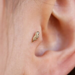 14K Solid Gold Cute Plume Piercings - Minimalist Tiny Stud Earrings - 14K Gold Helix Stud - Tragus Flat Back Piercings - Gift for Her