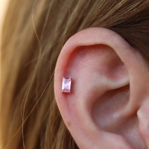 14K Solid Gold Baguette Piercing, Minimalist Tragus Piercing, Gold Stud Piercing, Stud Ear Piercing, Cartilage Piercing, Helix Piercing