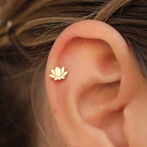 14K Solid Gold Lotus Piercing - Cartilage Lotus Flower Earrings - Dainty Helix Piercing - Minimalist Flat Back Earrings - Gift for Women